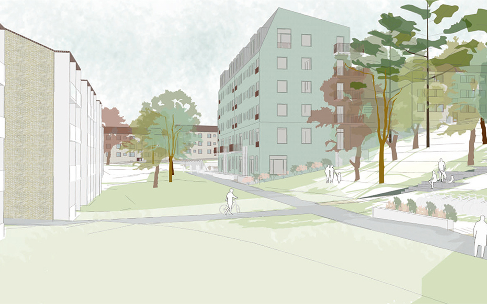 Flerbostadshus i en sluttning, omgivna av gröna ytor med gång- och cykelvägar. Människor i rörelse. Illustration
